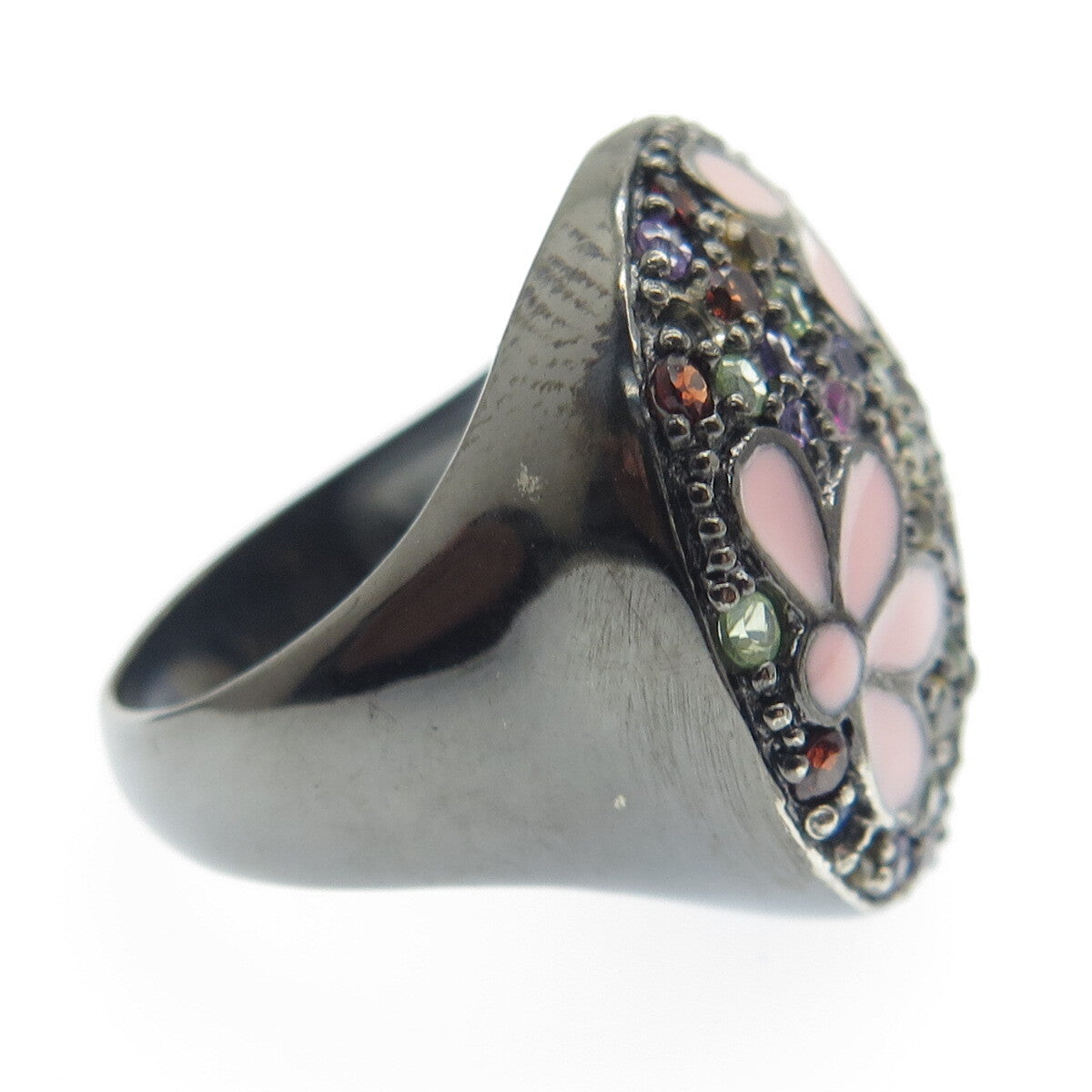 925 Sterling Silver Black Rhodium Enamel Real Multi-Sapphire Ring Size 7.25