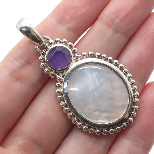 WHITNEY KELLY 925 Sterling Silver Vintage Real MOP & Amethyst Modernist Pendant