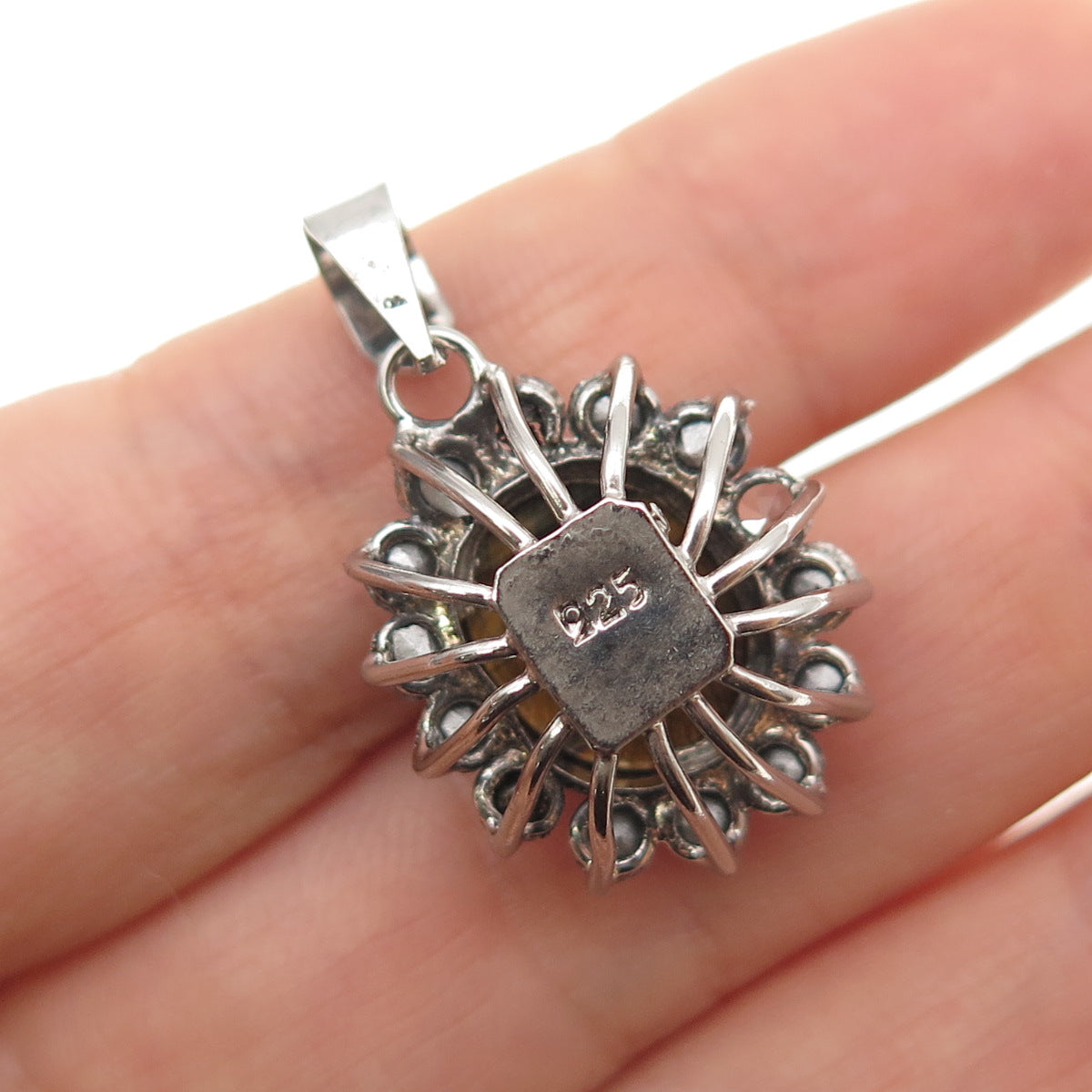 925 Sterling Silver Vintage Real Tiger Eye & Rhinestone Oxidized Charm Pendant