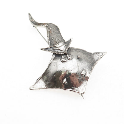 925 Sterling Silver Vintage Modernist Manta Ray Oxidized Pin Brooch