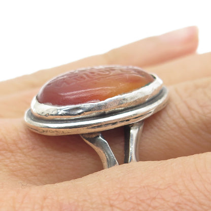 925 Sterling Silver Vintage Real Carved Agate Arabic Script Ring Size 11.75