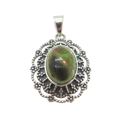 925 Sterling Silver Vintage Green Copper Turquoise Gem Ethnic Frame Pendant