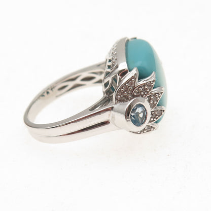 925 Sterling Silver Real Turquoise White & Blue Topaz Ring Size 8.25