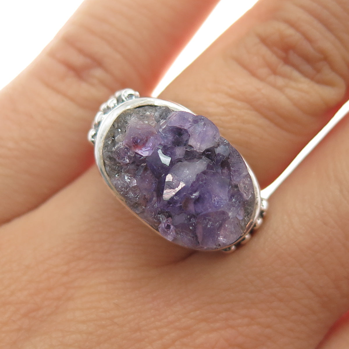 925 Sterling Silver Vintage Real Amethyst Modernist Beaded Ring Size 6.75