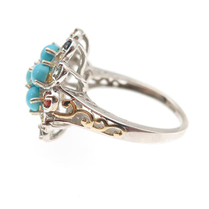 Chuck Clemency 925 Sterling 2-Tone Real Turquoise & Multi-Sapphire Ring Size 8