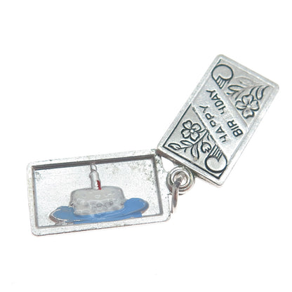WELLS 925 Sterling Silver Antique Enamel "Happy Birthday" Floral Cake Pendant
