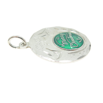 925 Sterling Silver Vintage Enamel Merry Christmas Bell Round Pendant