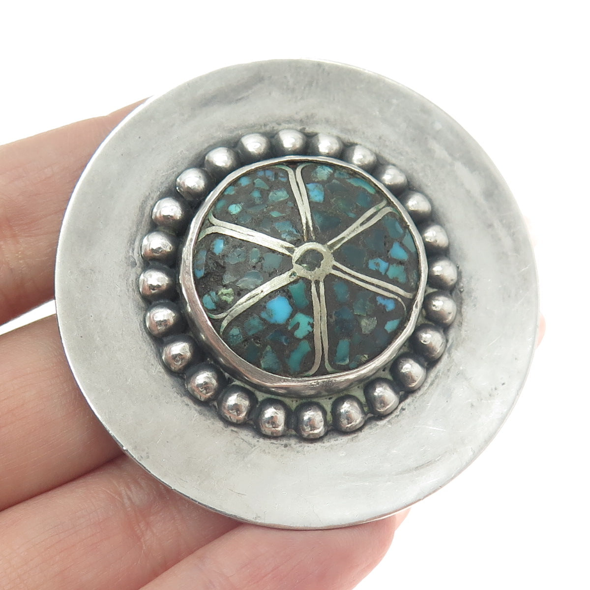 Old Pawn Sterling Silver Vintage Southwestern Turquoise Inlay Tribal Pin Brooch