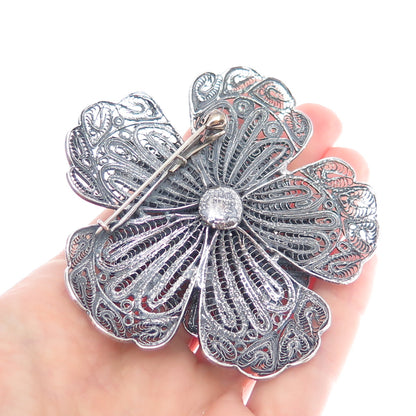 925 Sterling Silver Vintage Mexico Flower Filigree Oxidized Pin Brooch