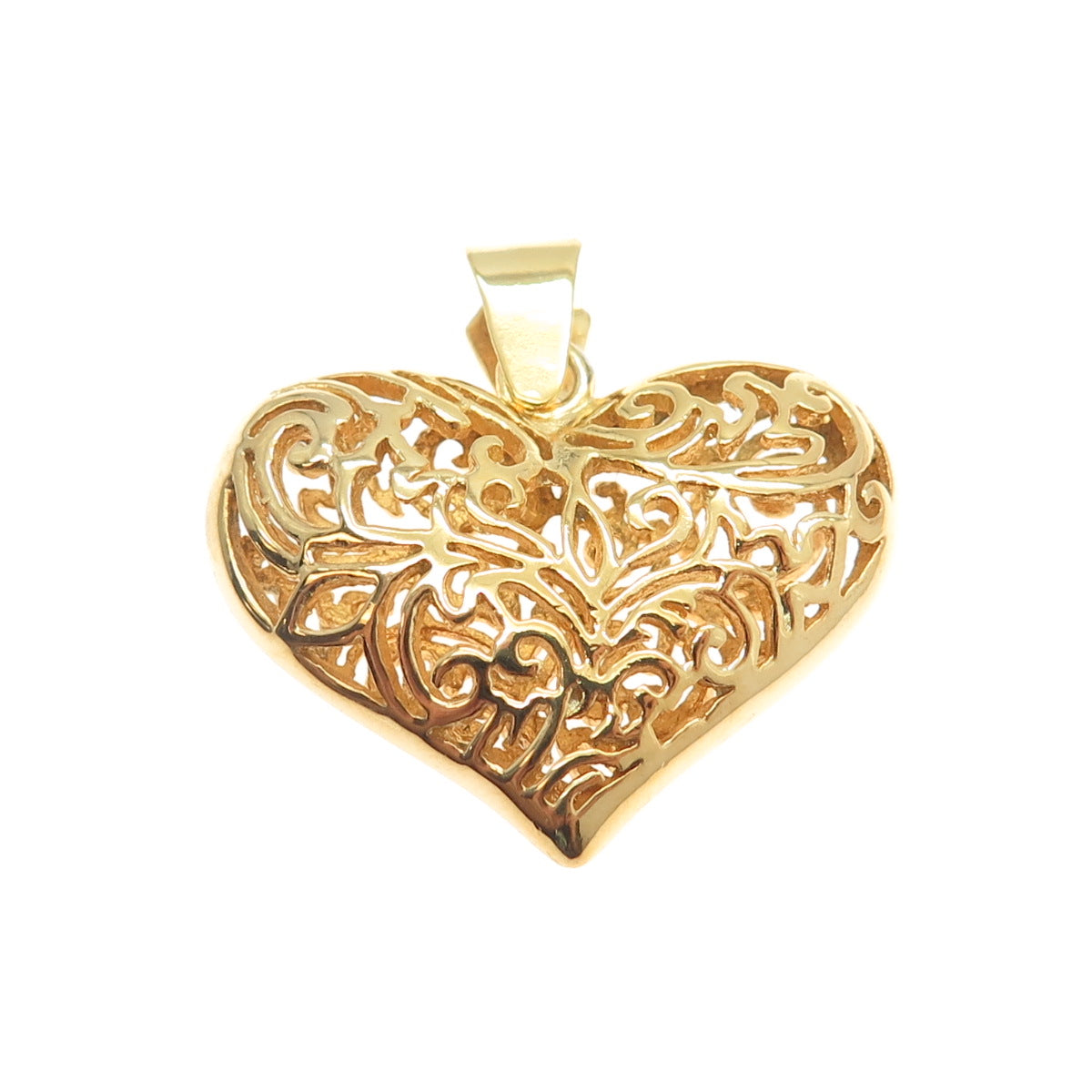 925 Sterling Silver Gold Plated Ornate Heart 3D Pendant