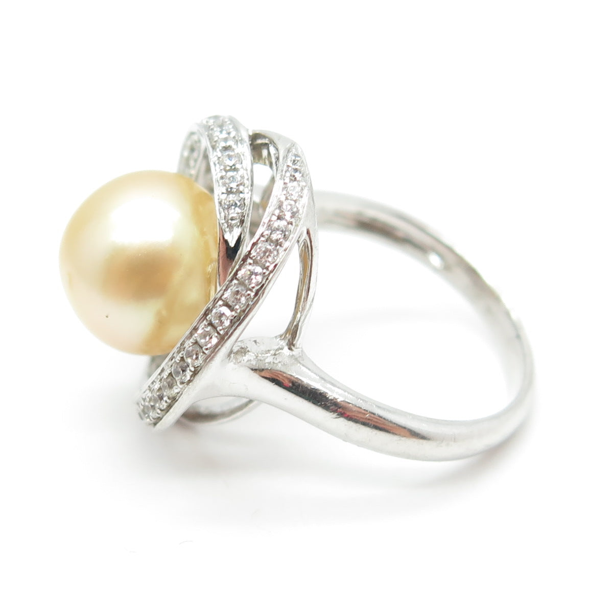 925 Sterling Silver Real Pearl & Round-Cut C Z Swirl Ring Size 7