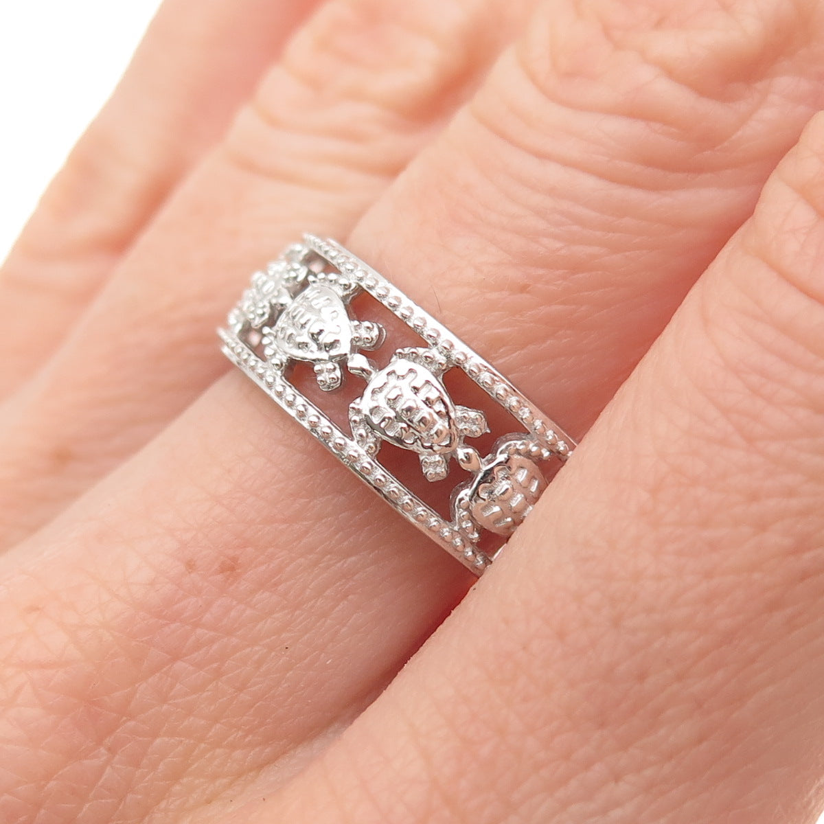 D'Joy 925 Sterling Silver Real Round-Cut Diamond Turtle Band Ring Size 7.25