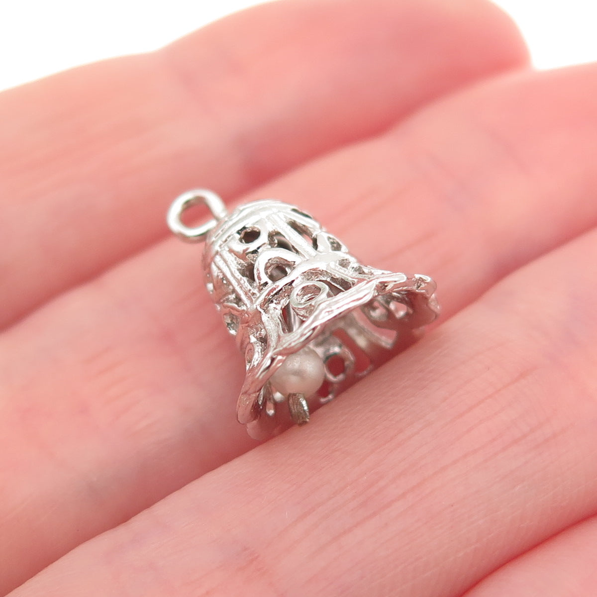 925 Sterling Silver Vintage Faux Pearl Ornate Bell 3D Mini Charm Pendant