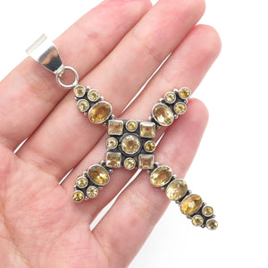 925 Sterling Silver Vintage Real Multi-Cut Citrine Cluster Cross Pendant