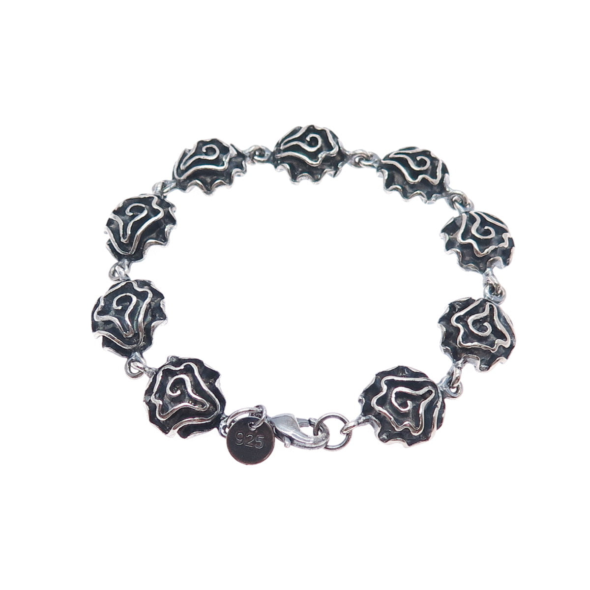 925 Sterling Silver Vintage Modernist Oxidized Flower Link Bracelet 7"