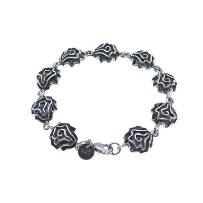 925 Sterling Silver Vintage Modernist Oxidized Flower Link Bracelet 7"