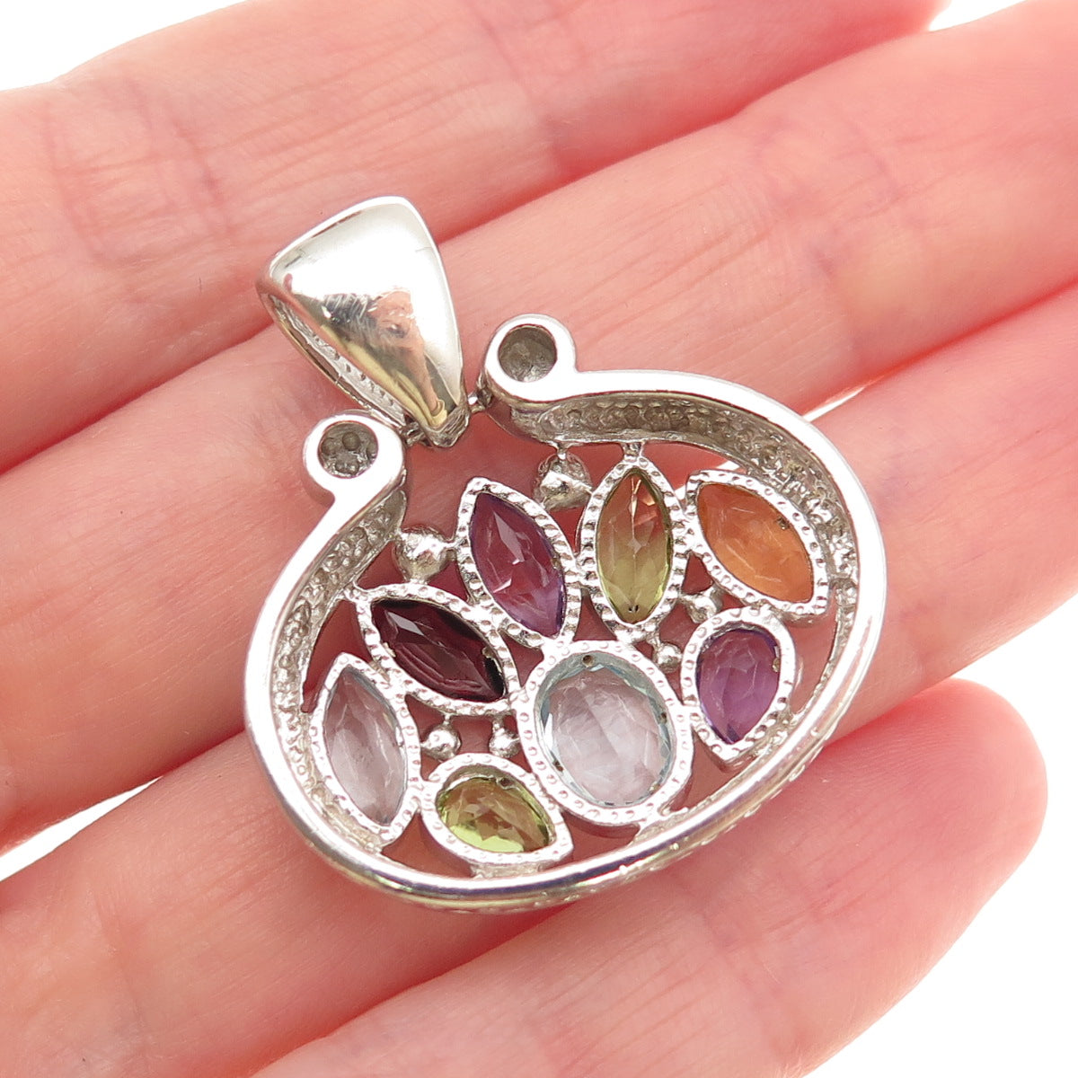 925 Sterling Vintage Real Blue Topaz Peridot Amethyst Citrine Red Garnet Pendant