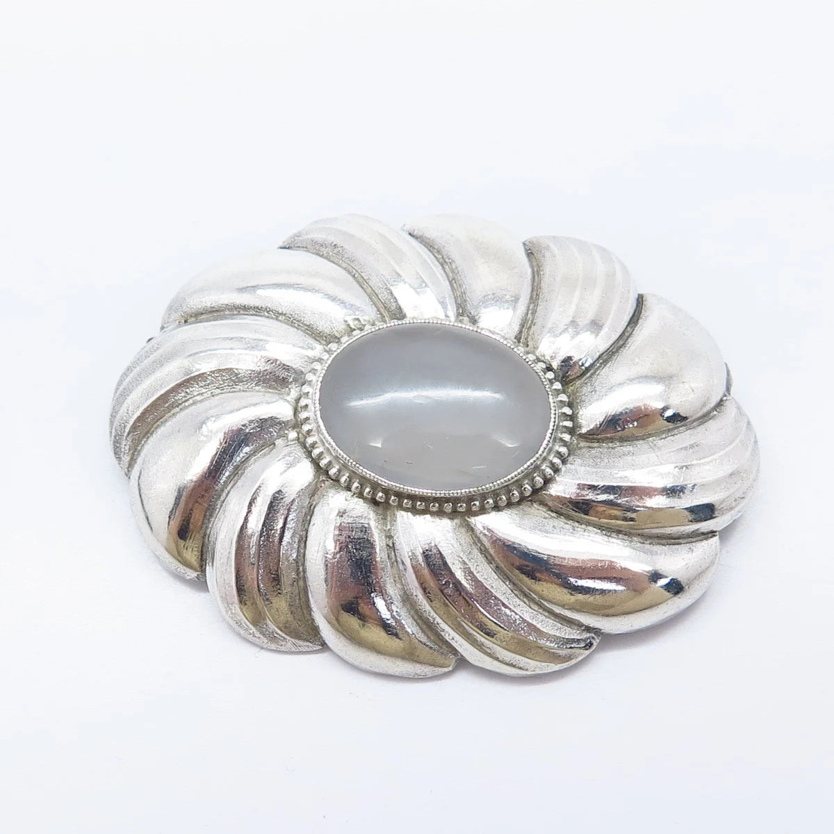 925 Sterling Silver Vintage Real Quartz Ribbed Pin Brooch