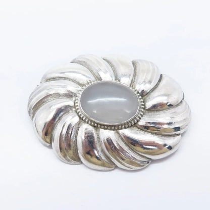 925 Sterling Silver Vintage Real Quartz Ribbed Pin Brooch