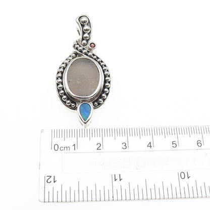 WHITNEY KELLY 925 Sterling Silver Vintage Real Opal Druzy & Red Garnet Pendant