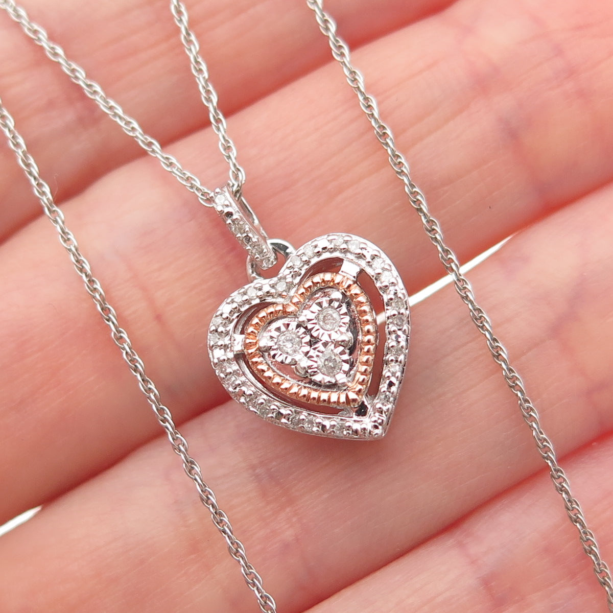 Jane Seymour 925 Sterling Silver 2-Tone Real Diamond Heart Chain Necklace 18"