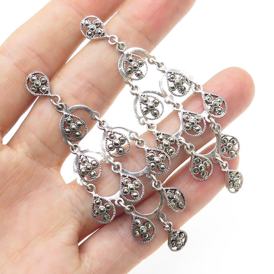 925 Sterling Silver Vintage Real Marcasite Chandelier Oxidized Earrings