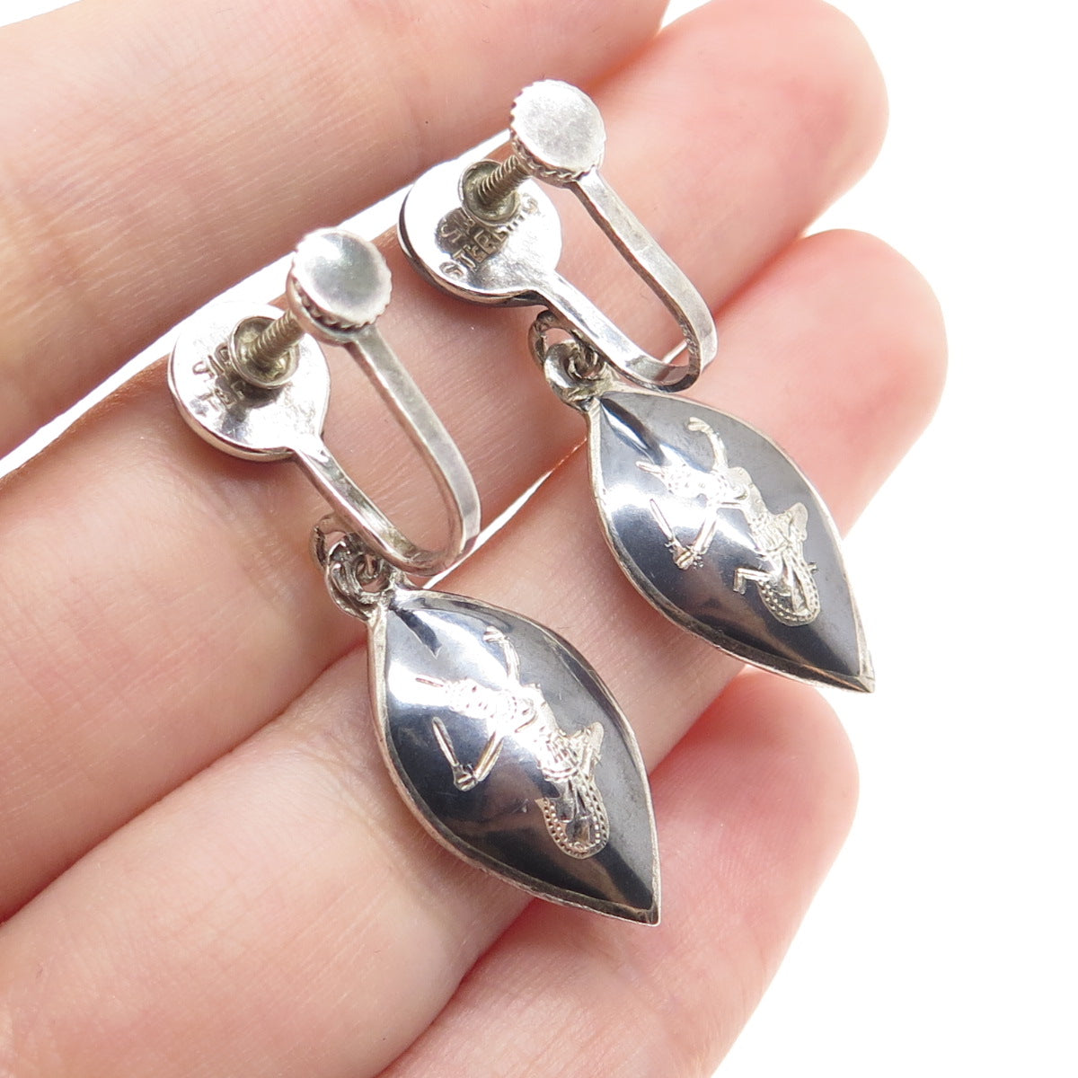 925 Sterling Silver Antique Siam Niello Hindu Goddess Screw Back Earrings
