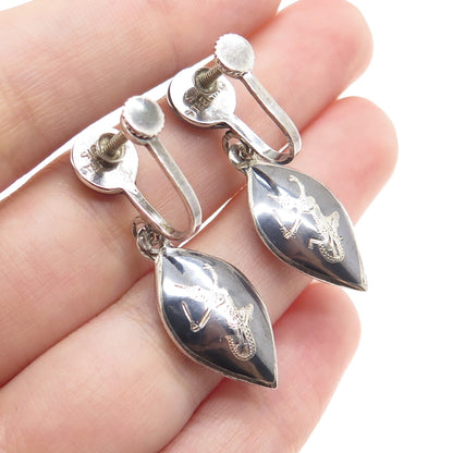 925 Sterling Silver Antique Siam Niello Hindu Goddess Screw Back Earrings