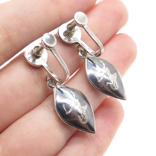 925 Sterling Silver Antique Siam Niello Hindu Goddess Screw Back Earrings