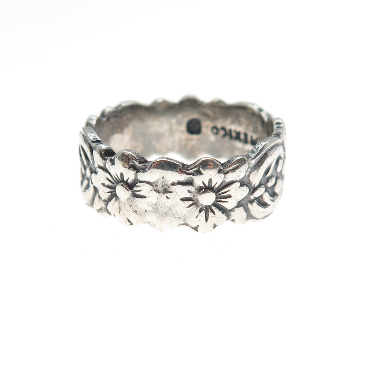 925 Sterling Silver Vintage Mexico Flower Oxidized Band Ring Size 7.5
