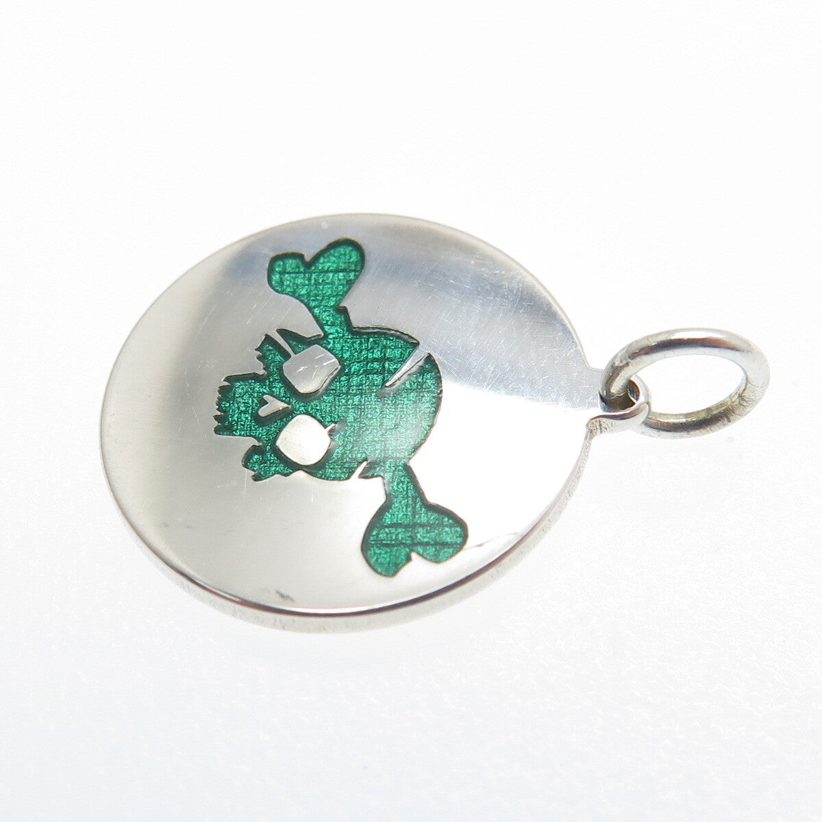 925 Sterling Silver Green Enamel Skull & Bone Round Tag Minimalist Charm Pendant