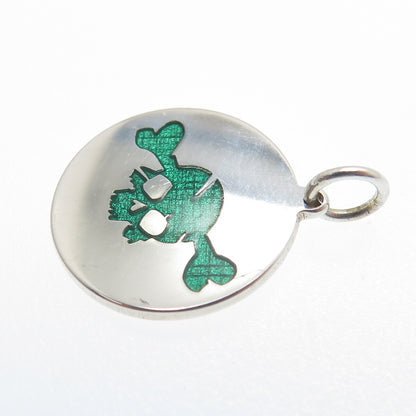 925 Sterling Silver Green Enamel Skull & Bone Round Tag Minimalist Charm Pendant