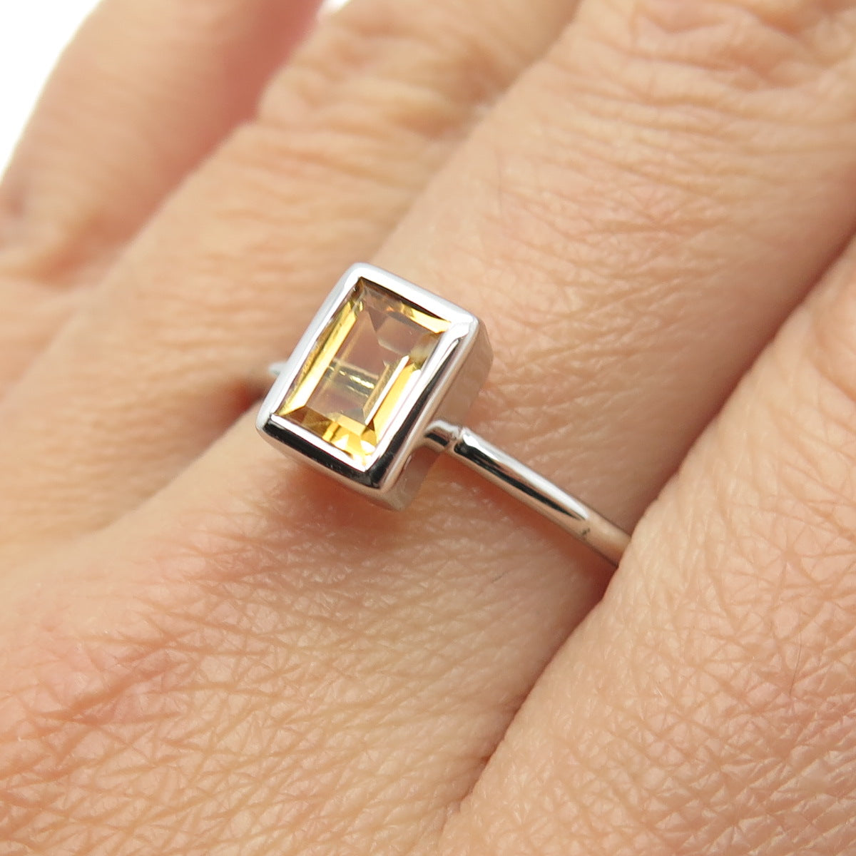 925 Sterling Silver Real Emerald-Cut Citrine Gemstone Minimalist Ring Size 10.5