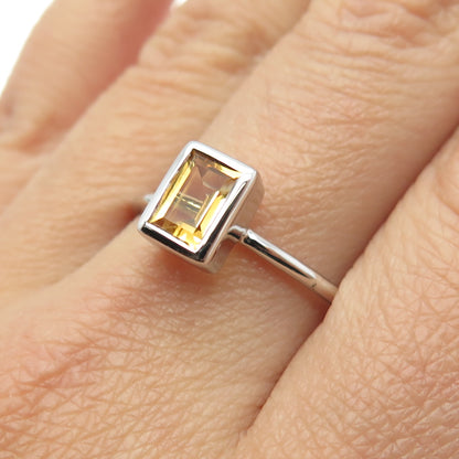 925 Sterling Silver Real Emerald-Cut Citrine Gemstone Minimalist Ring Size 10.5