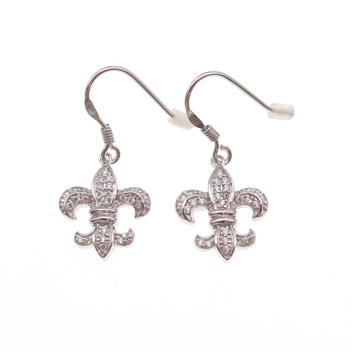 925 Sterling Silver Round-Cut C Z Fleur de Lis Dangle Earrings