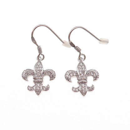 925 Sterling Silver Round-Cut C Z Fleur de Lis Dangle Earrings