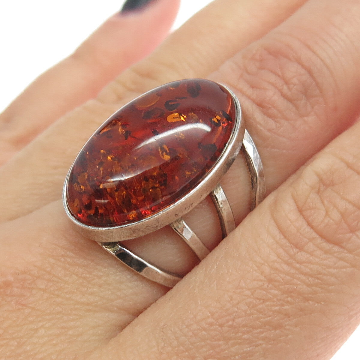VALERIO V8 Sterling Silver Vintage Poland Real Amber Modernist Ring Size 5.75