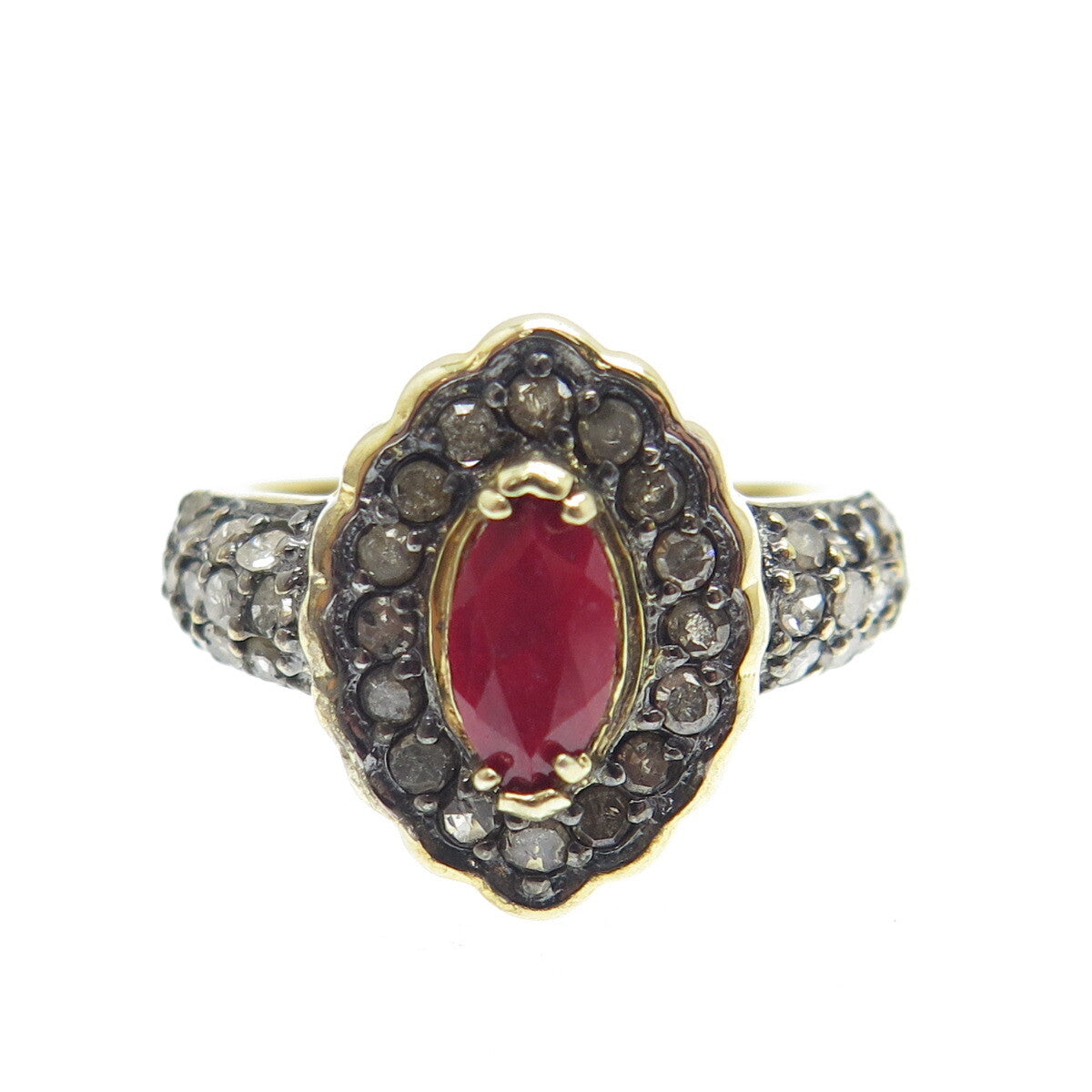 925 Sterling Silver Gold Plated Real Round-Cut Diamond & Ruby Ring Size 6.25