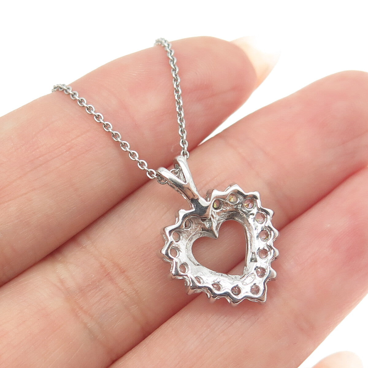 925 Sterling Silver Round-Cut C Z Heart Cable Chain Necklace 16"