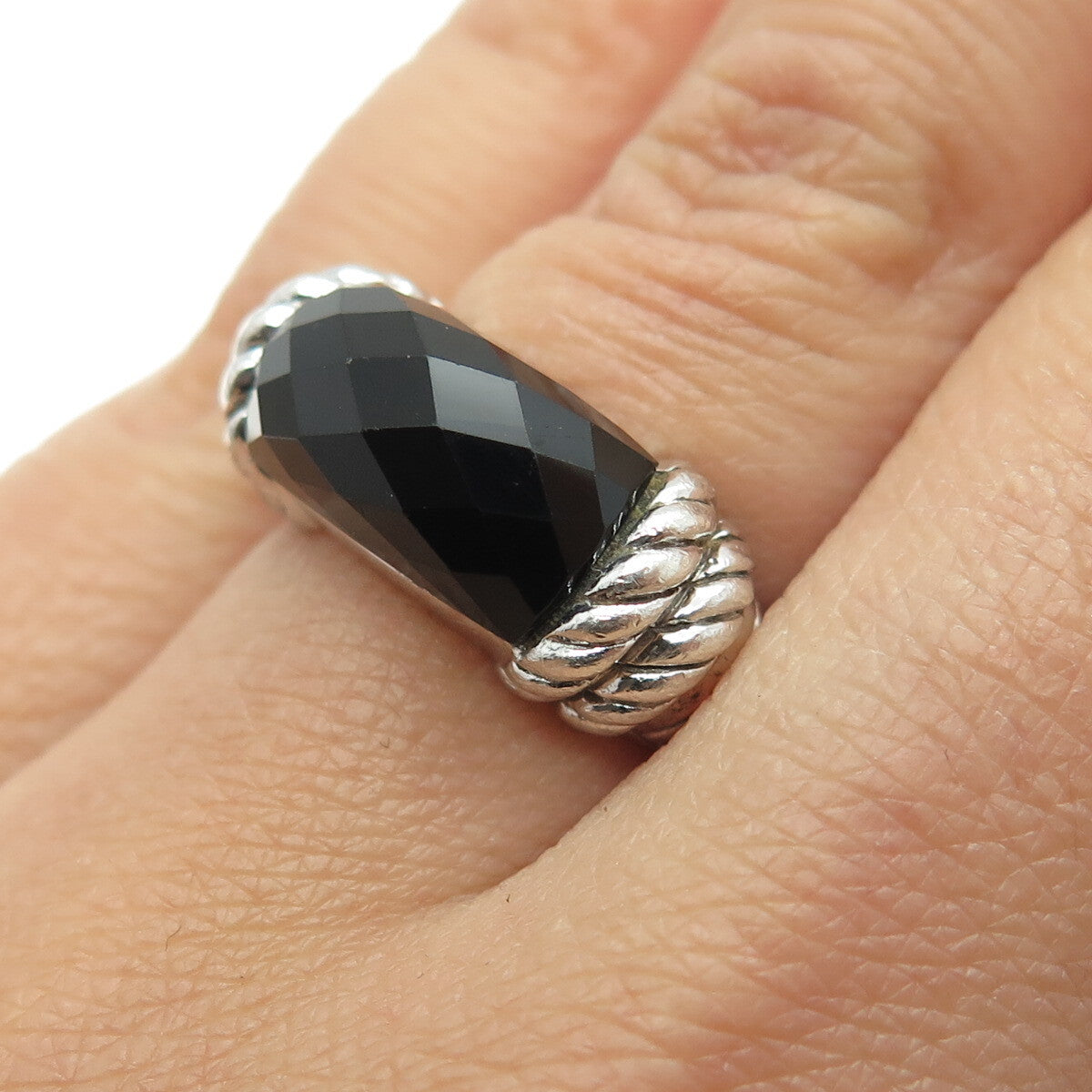 JUDITH RIPKA 925 Sterling Silver Vintage Black Onyx Gem Twisted Ring Size 6