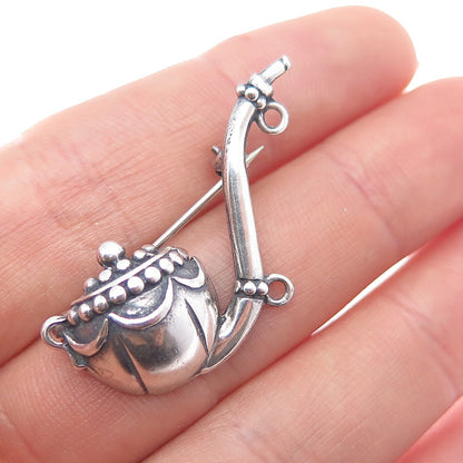 925 Sterling Silver Antique Art Deco Smoking Pipe Oxidized Pin Brooch
