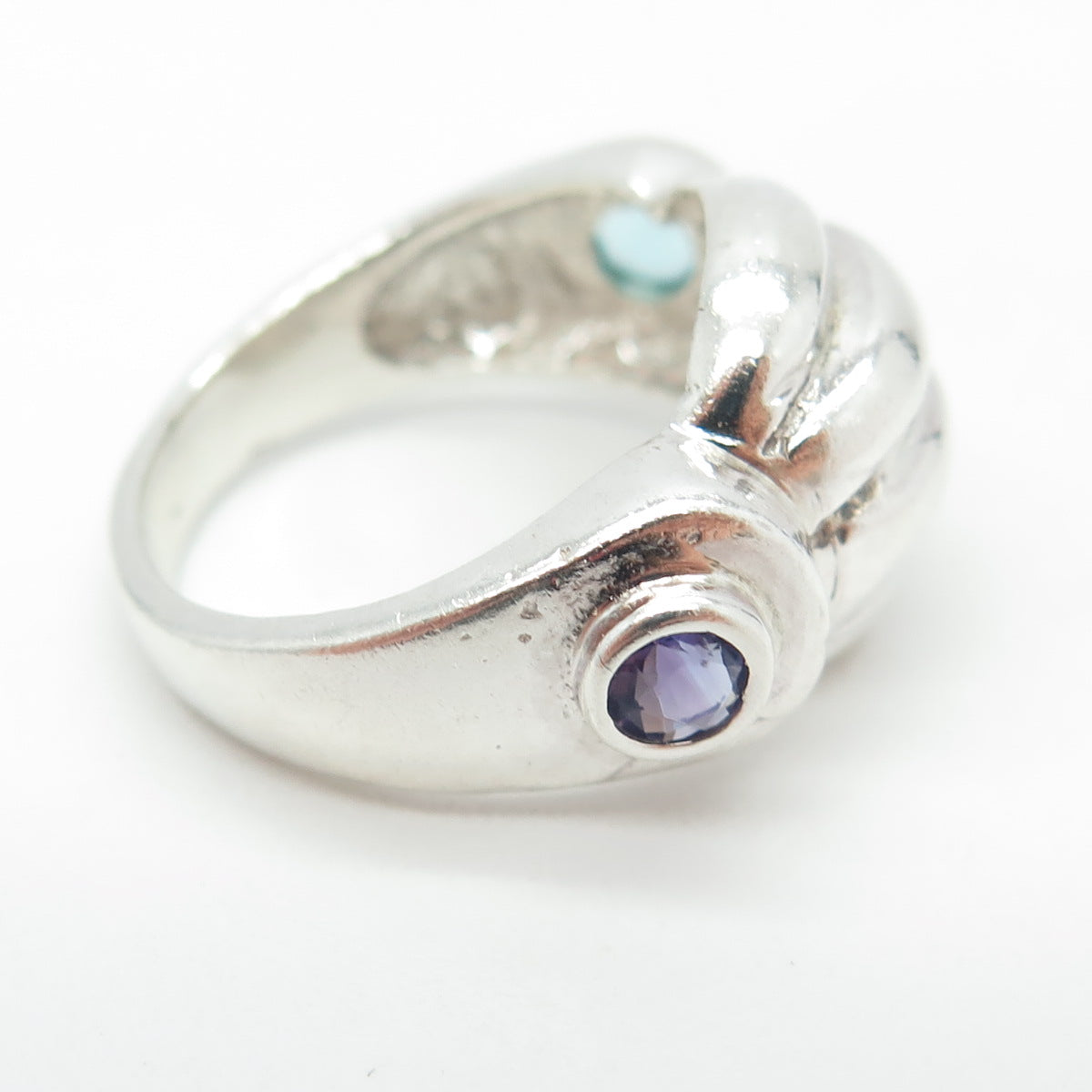 925 Sterling Silver Vintage Real Amethyst & Aquamarine Modernist Ring Size 7.75