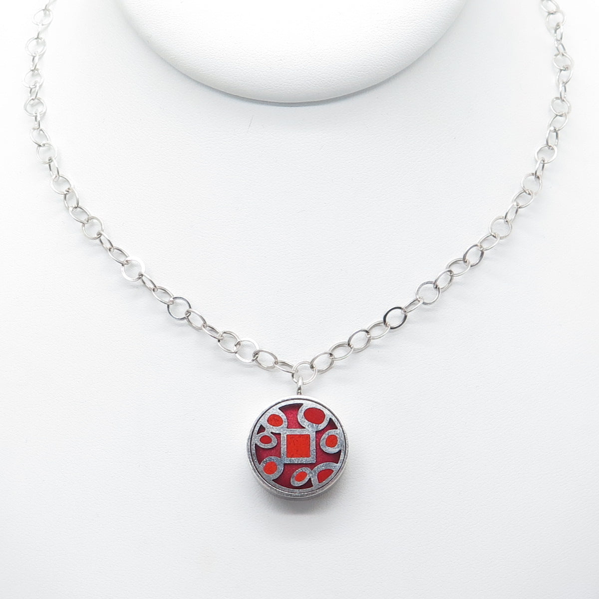 925 Sterling Silver Vintage Enamel Double Sided Pendant Rolo Chain Necklace 18"