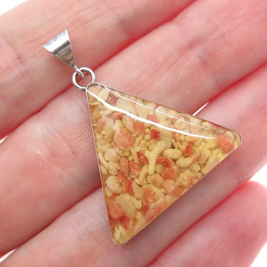 925 Sterling Silver Vintage Enamel Real Coral Inlay Triangle Charm Pendant
