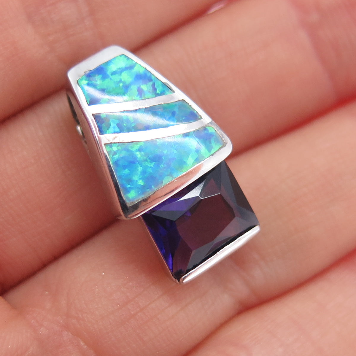 925 Sterling Silver Vintage Real Opal & Amethyst Mini Slide Charm Pendant