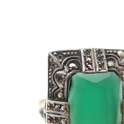 925 Sterling Antique Green Onyx & Marcasite Ring Size 7.75 (missing 25 stones)