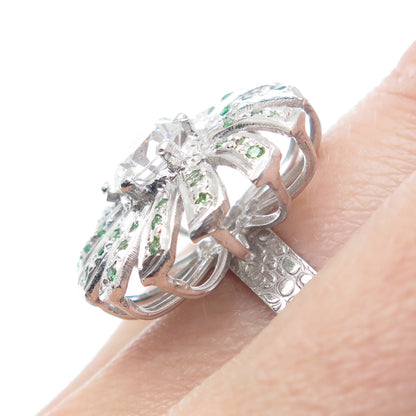 925 Sterling Silver Round-Cut Tsavorite & White C Z Modernist Flower Ring Size 8