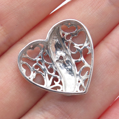 925 Sterling Silver Round-Cut C Z Heart Ornate Charm Slide Pendant