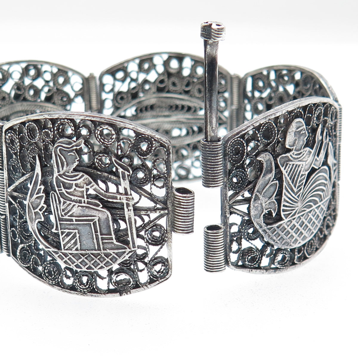 800 Silver Antique Egyptian Storyteller Filigree Oxidized Panel Link Bracelet 7"