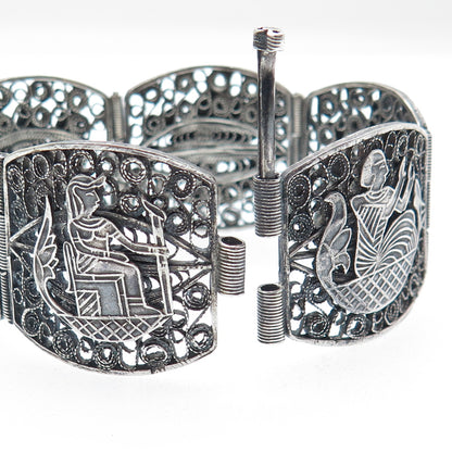 800 Silver Antique Egyptian Storyteller Filigree Oxidized Panel Link Bracelet 7"